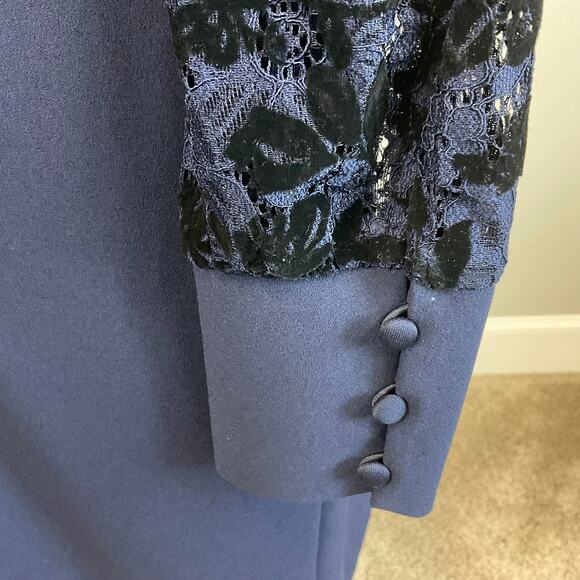 Ralph Lauren Long Sleeve Cocktail Dress Blue Size 6 Lace and Velvet Sheath - Picture 7 of 12
